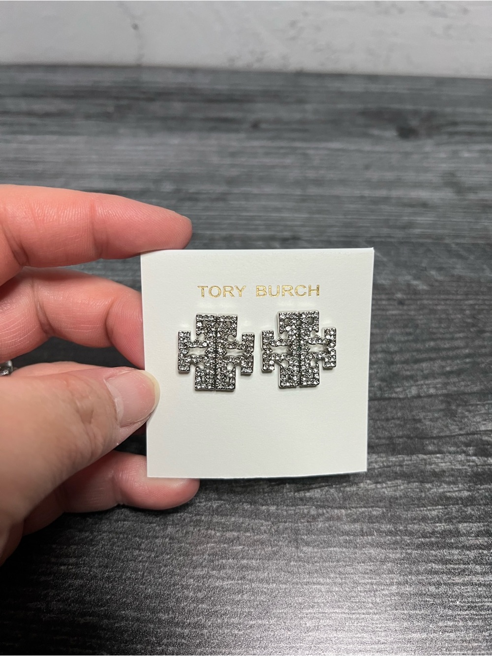 Tory Burch Silver Crystal Logo Stud Earrings